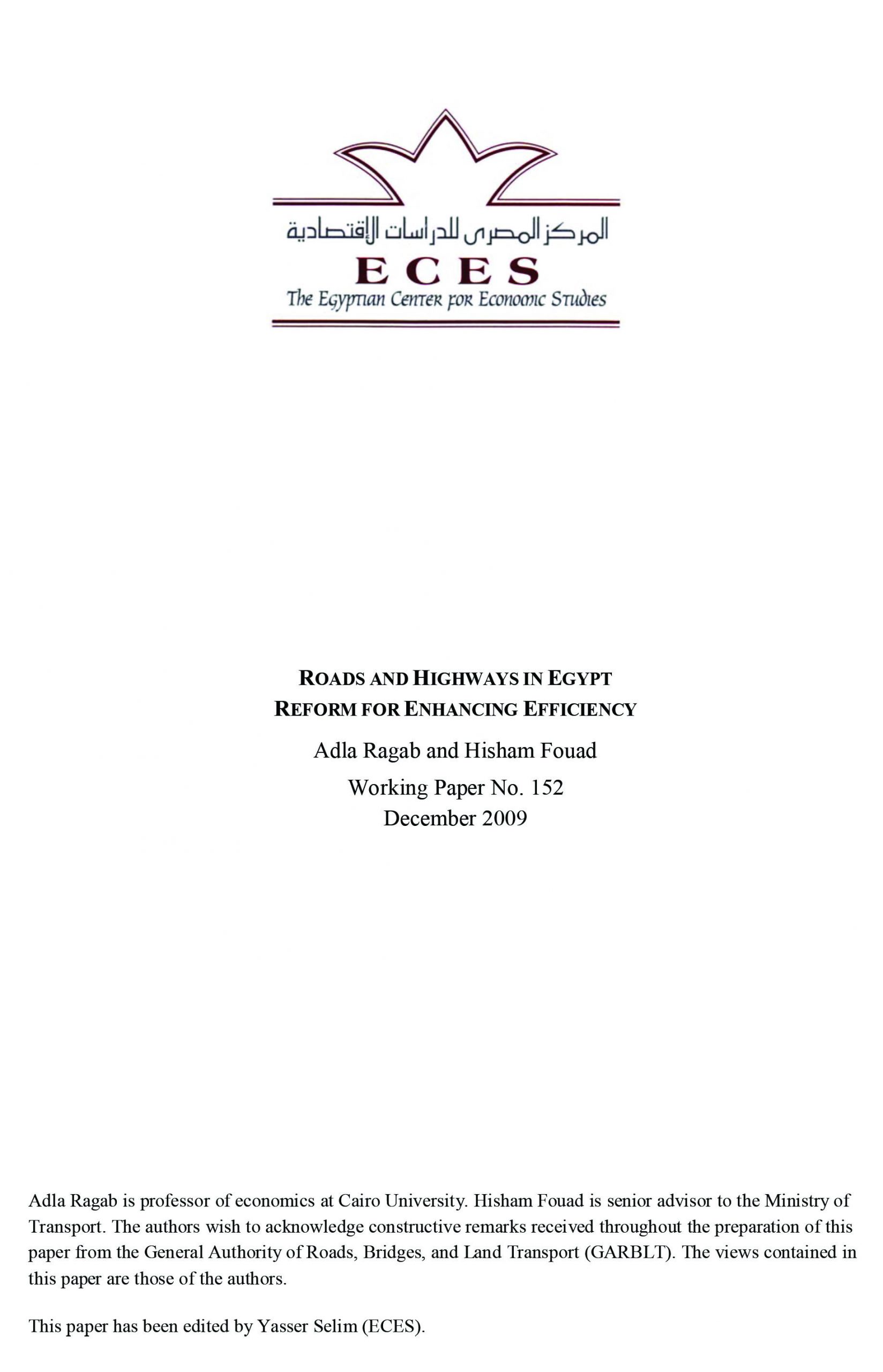 Roads and Highways in Egypt Reform for Enhancing Efficiency - ECES 